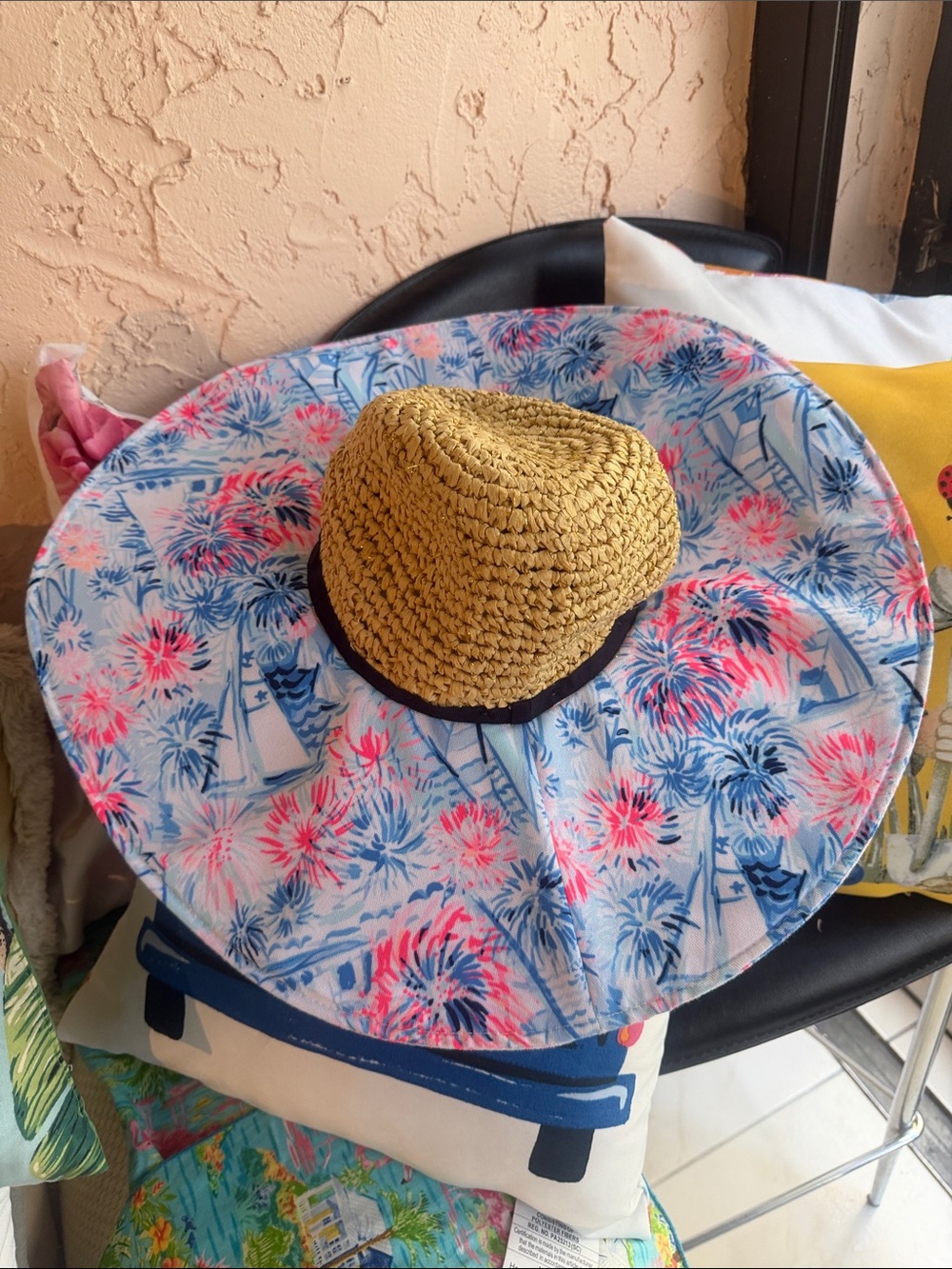 Lilly Pulitzer Girls Straw Sun Hat with Blue & Pink Floral Brim